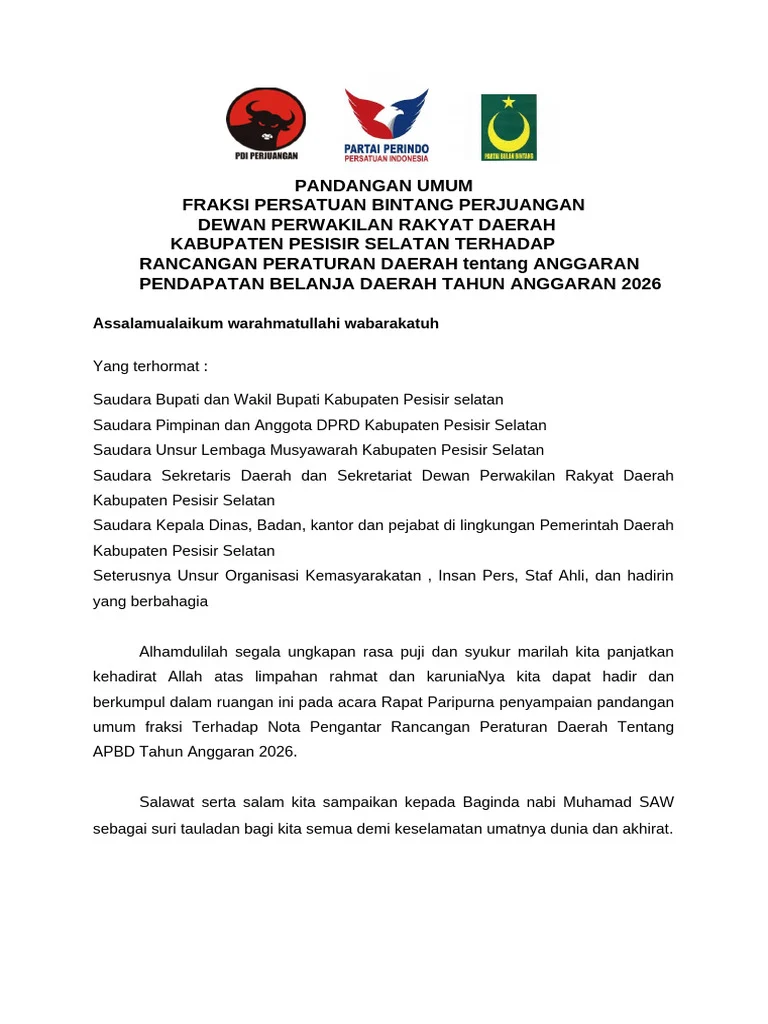 Fraksi Dewan Ingatkan Beberapa Poin Terhadap Perubahan APBD Tahun 2026