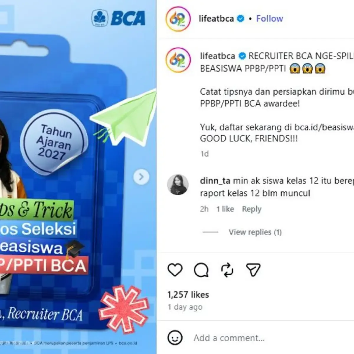 BCA Buka Seleksi Beasiswa PPBP PPTI 2027, Peserta Wajib Lalui Empat Tahap
