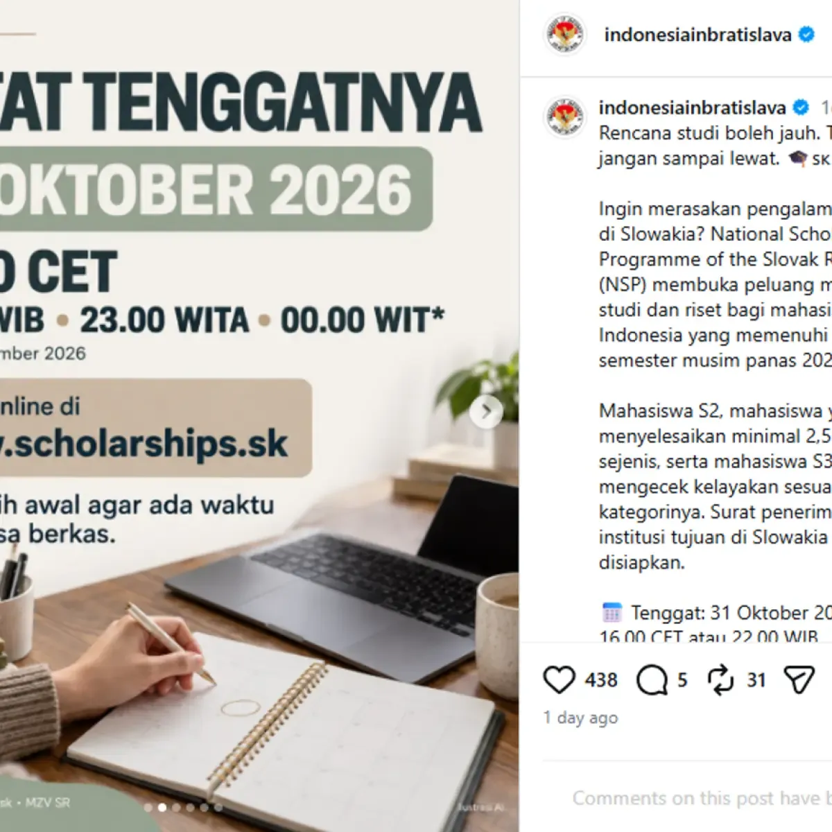 Beasiswa NSP Slovakia Buka Studi dan Riset 2026, Ini Rincian Benefitnya