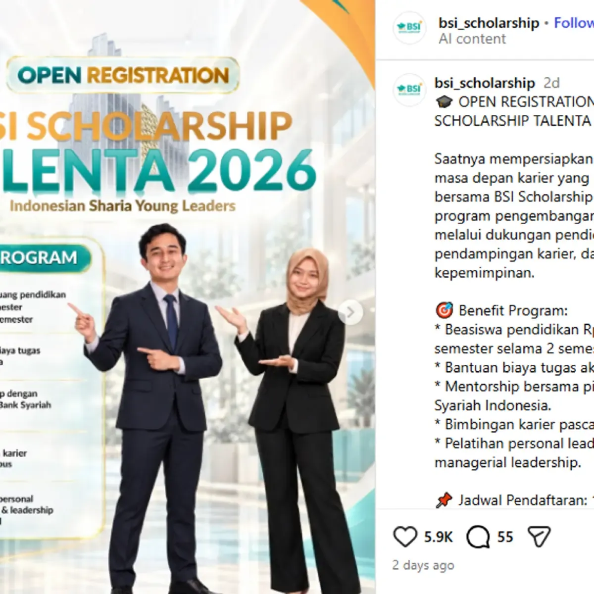 BSI Buka Scholarship Talenta 2026 untuk Mahasiswa Semester Akhir, Ini Rincian Manfaatnya