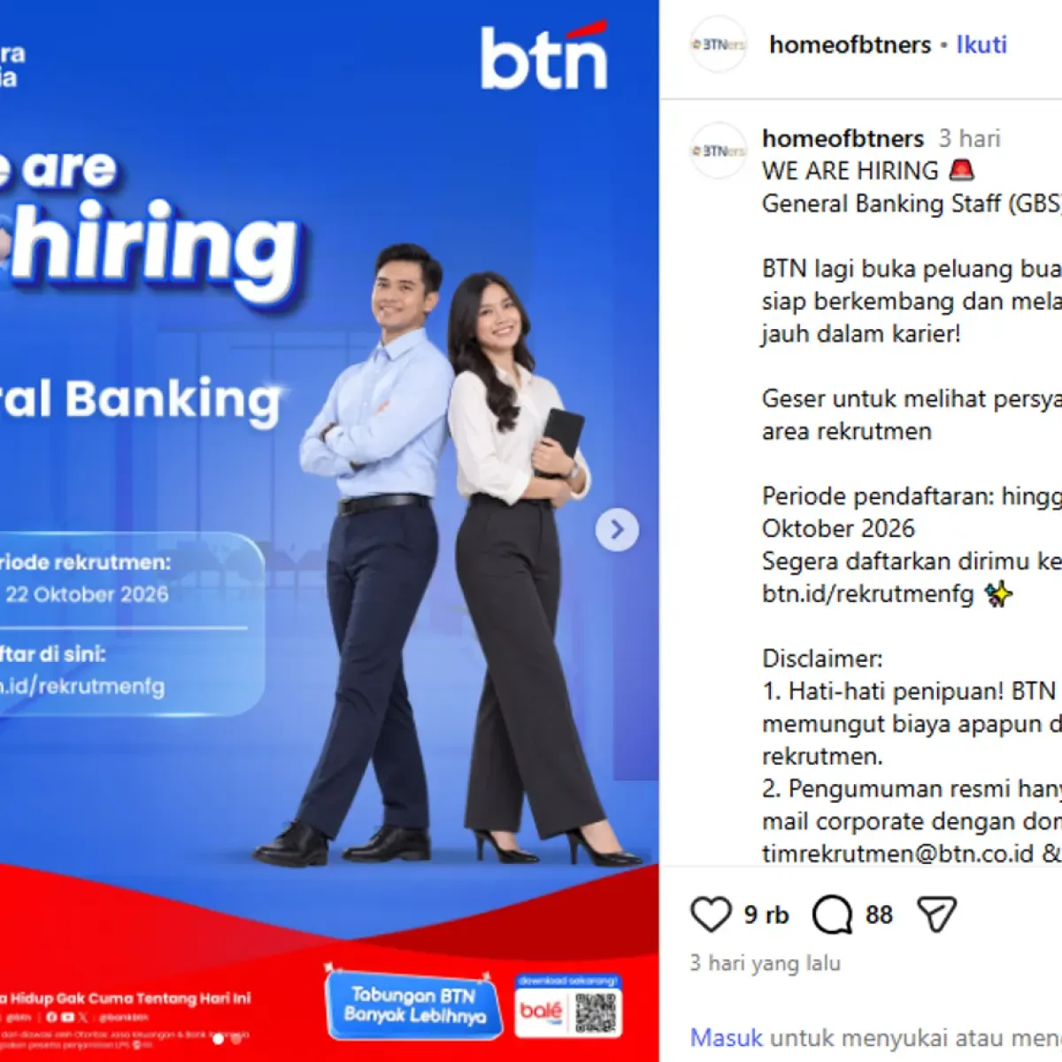 BTN Buka Rekrutmen General Banking Staff 2026, Pendaftaran Ditutup 22 Oktober