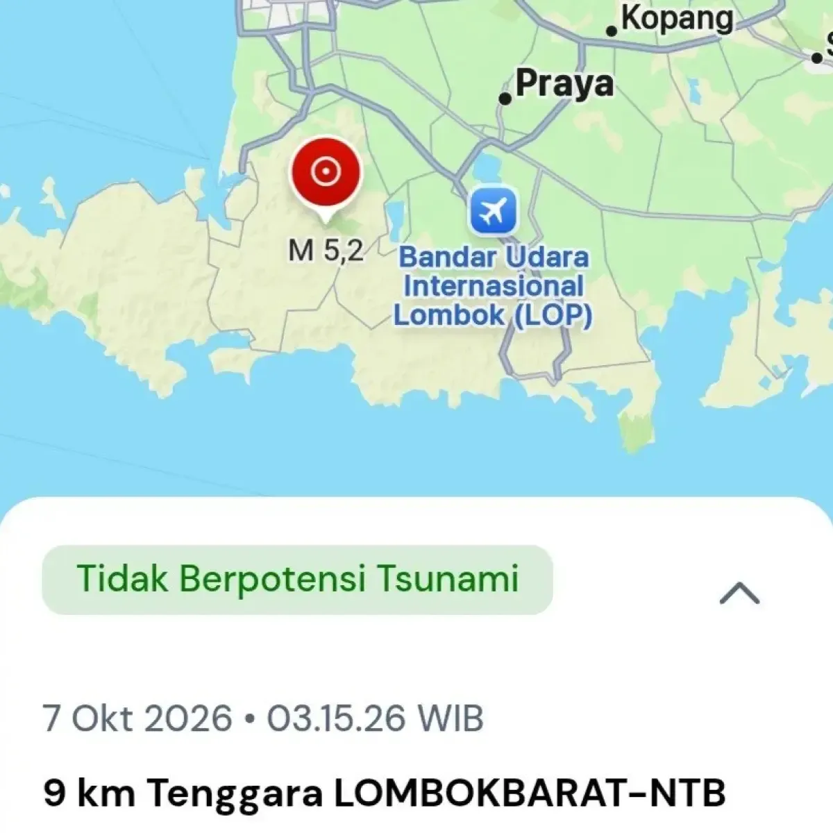Gempa Magnitudo 5,2 Guncang Lombok Barat Dini Hari, BMKG Pastikan Tanpa Potensi Tsunami